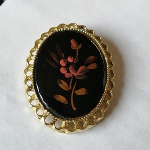 Vintage Hand Painted Goldtone Orange Flower Brooch Pendant